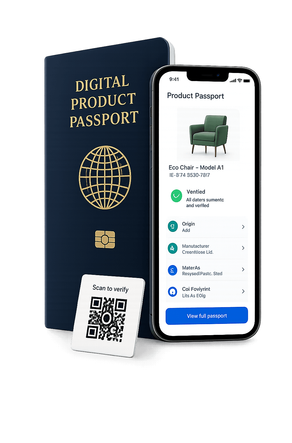 Digitalna putovnica proizvoda prikazana uz mobilni prikaz i QR karticu